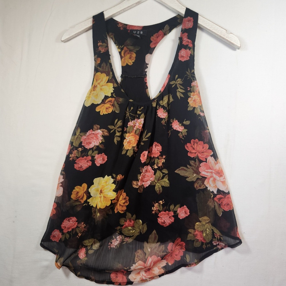 U2B Womens Floral Racerback Tank Top Black Sheer Chiffon High Low Blouse Size M